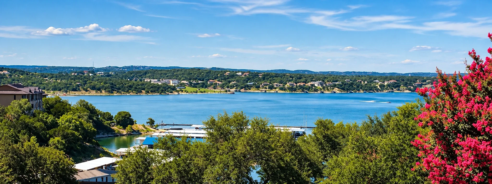 Lake Travis in the Texas Hill Country, with a flowering tree in the foreground